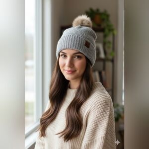 C.C Exclusives Gray Beanie with Brown Pom-Pom (New)